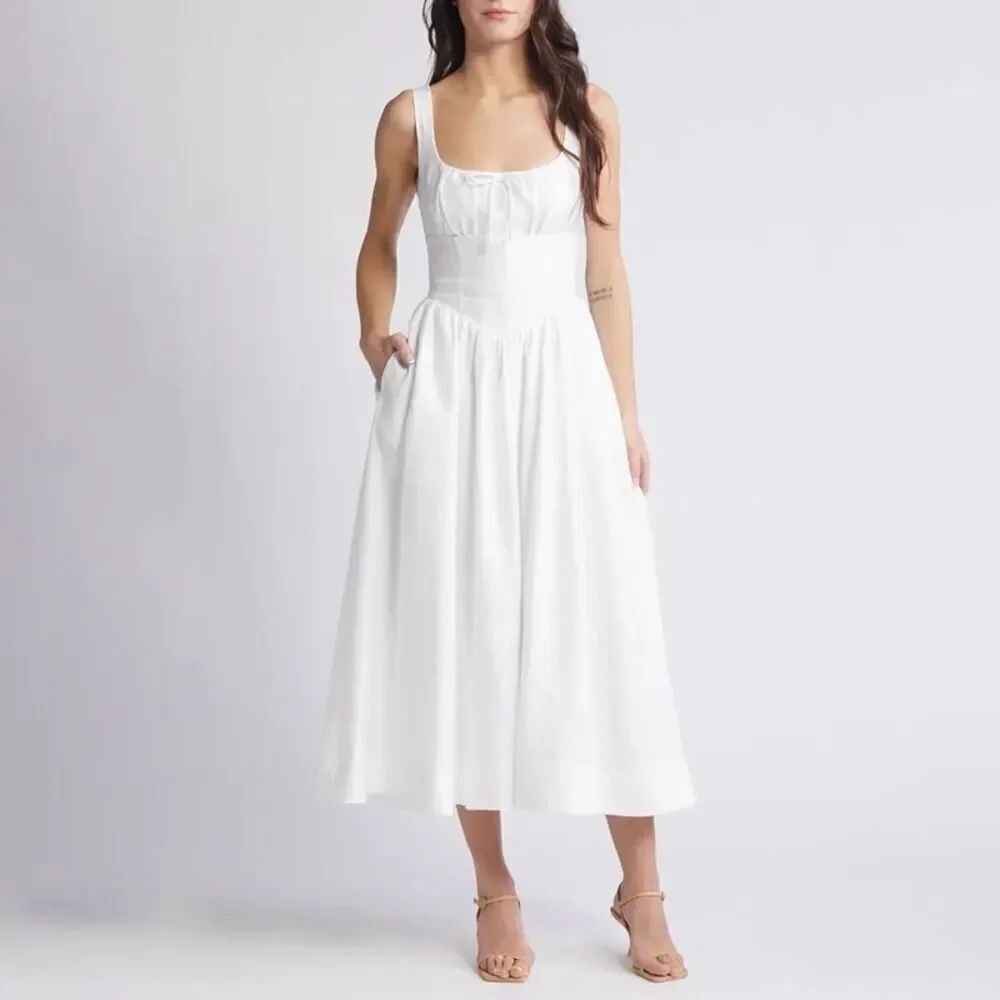 Reformation Women's White Sleeveless Smocked Balia Linen Midi Dress Size 8 NWOT